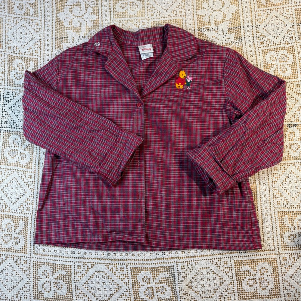 Vintage 90s Disney Store Winnie the Pooh Piglet Red Plaid Button Top Cropped  M